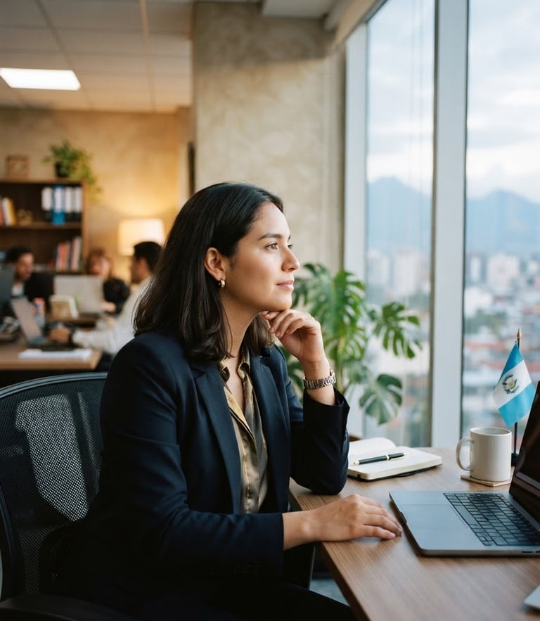 Warm editorial photography of a professional recruitment consultant in a bright corporate office in Guatemala, looking thoughtfully, natural soft window light, cool blue tones, 35mm