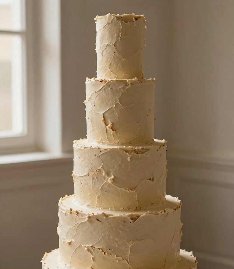 Elegant editorial portrait of a three-tiered cake with heavily textured sand-colored buttercream standing alone against a neutral plaster wall, soft side-lighting from a single window, warm organic tones, shallow depth of field.