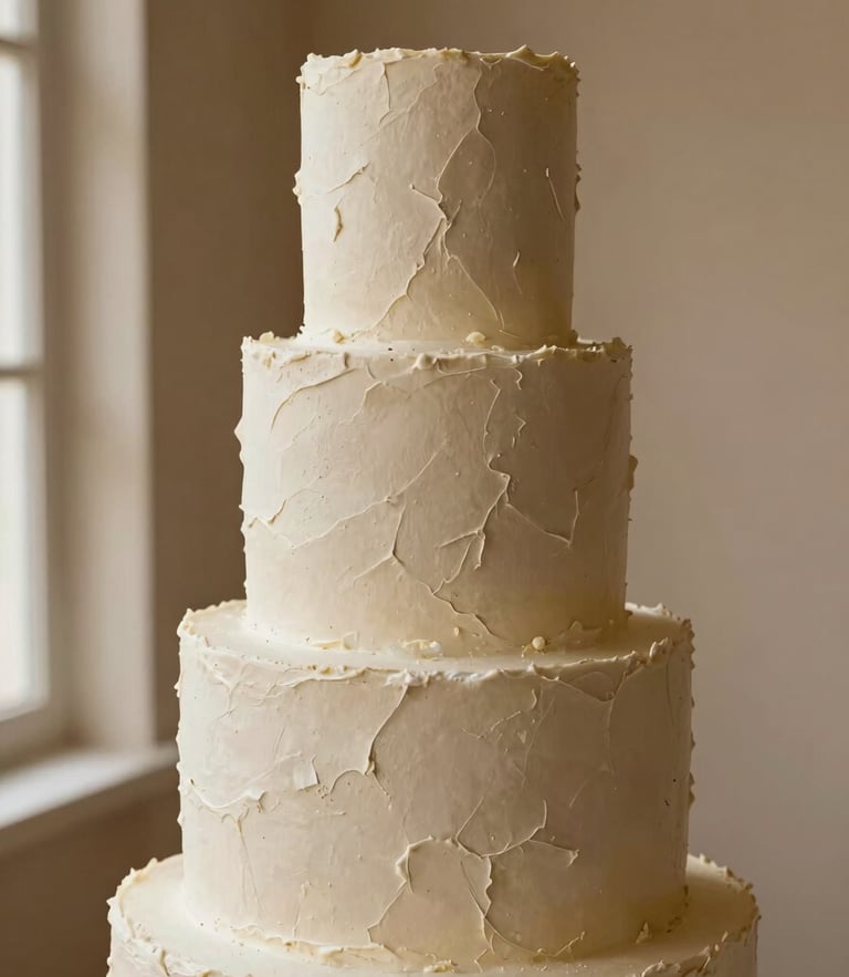 A close-up portrait of a three-tiered minimalist cake with heavily textured, rough plaster buttercream, standing against a warm sandy plaster wall, soft directional side-lighting casting gentle shadows.