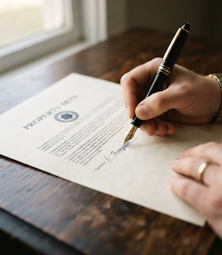 Close-up of a fountain pen signing a legal property deed on a dark wooden desk under soft side window light, shallow depth of field, 35mm
