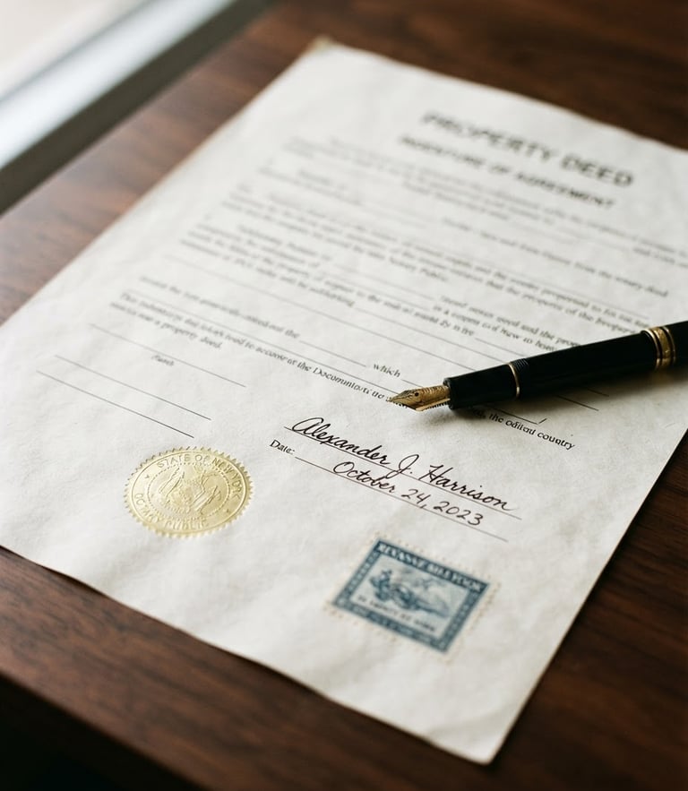 A close-up of a signed legal property deed with a classic fountain pen resting on the textured paper, warm soft window light casting gentle shadows, shallow depth of field, 35mm
