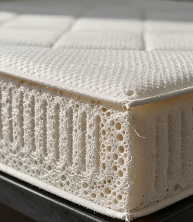 Cross-section of a high-loft nonwoven mattress layer, showing the resilient fiber density and structured vertical loft under high-contrast industrial daylight.