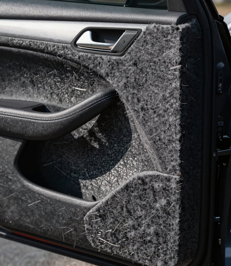Molded acoustic felt insulation layer installed inside a car door panel, showing precise fit and high-density fiber texture under dramatic side-lighting.