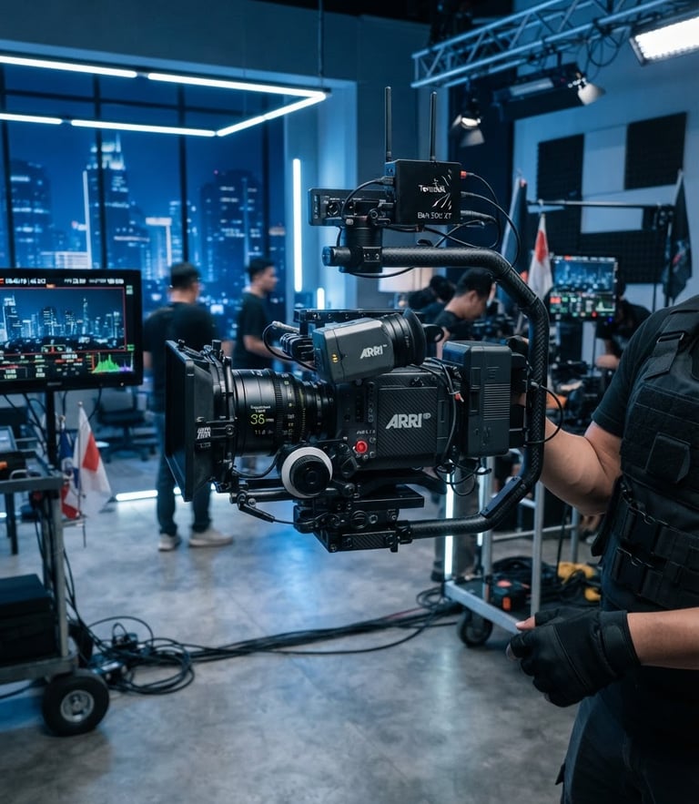 A professional cinema camera on a high-end stabilizer rig, cool studio lighting with deep blue accents, crisp modern Jakarta production set background.
