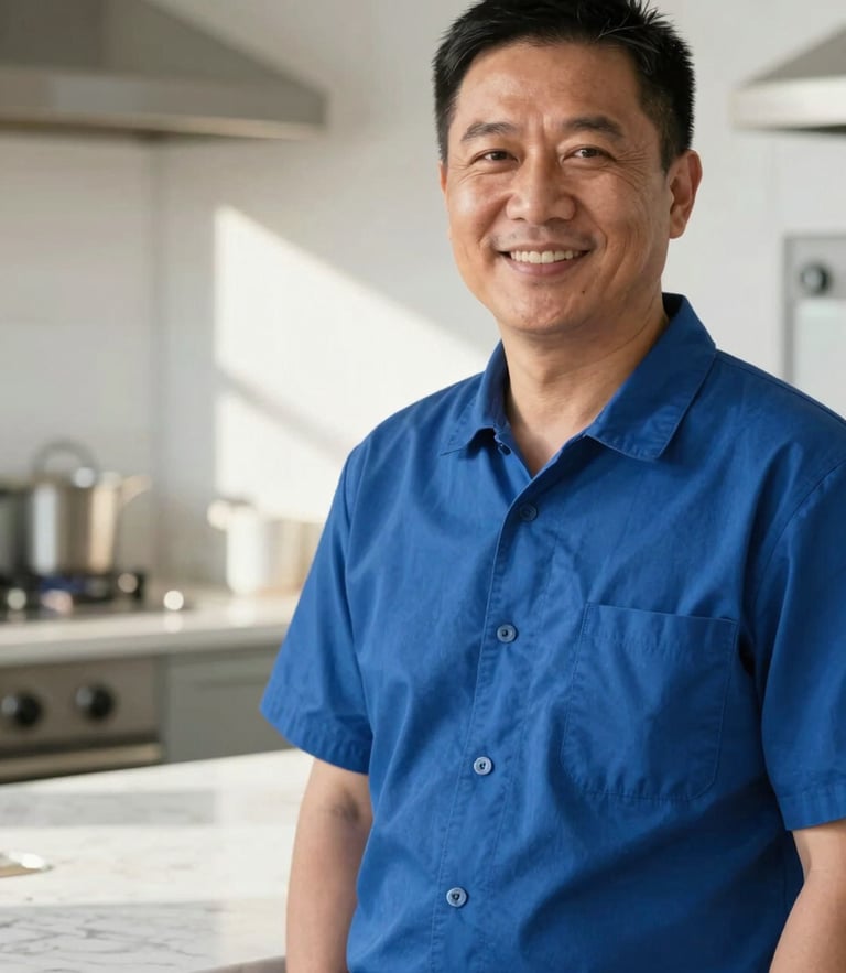 A close-up portrait of the smiling owner-operator in a neat blue uniform, standing in a bright, sunlit kitchen with immaculate marble countertops in the background.