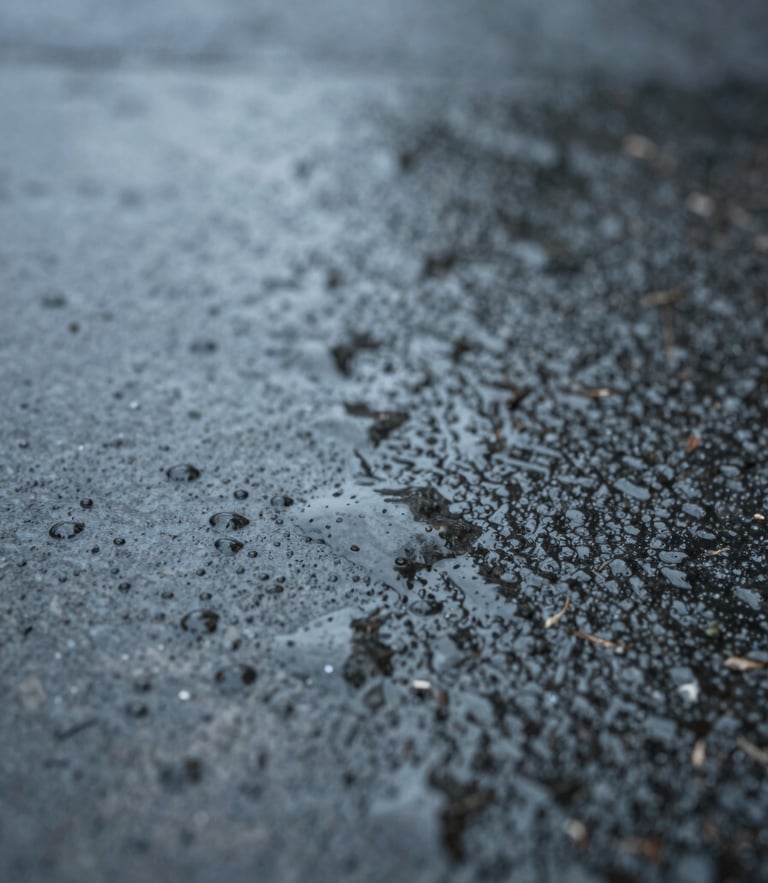 Extreme macro shot of rain on dark stone, soft diffused overcast daylight, moody shadows, minimalist composition