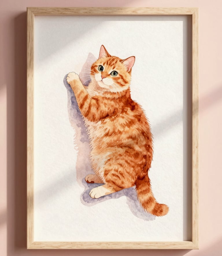 A framed watercolor illustration of a fluffy ginger cat hanging on a warm cozy wall, soft morning sunlight casting gentle shadows, cozy editorial mockup