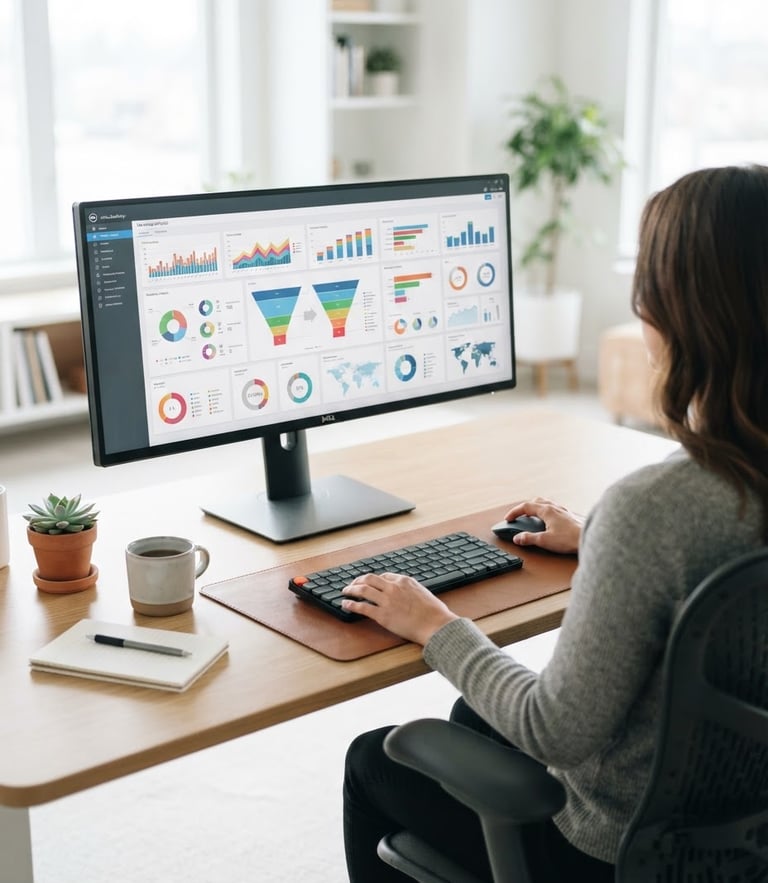 Over-the-shoulder view of a clean desk setup with modern marketing analytics displayed on a high-end monitor, bright natural window light, 35mm