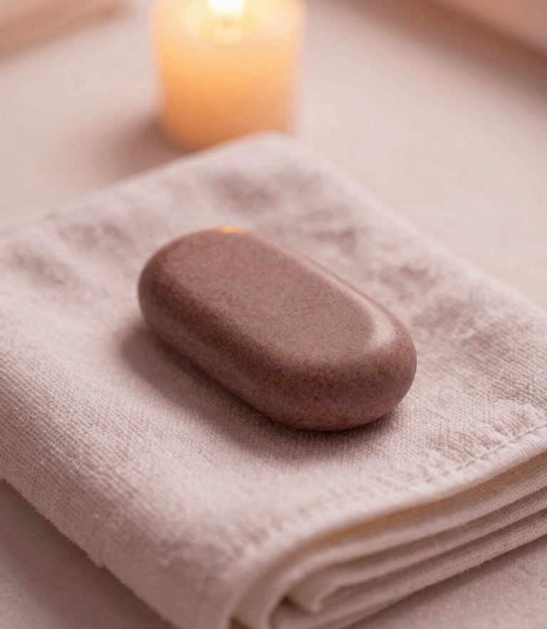 Macro detail shot of warm massage stones on folded linen towels, soft diffused candlelight, shallow depth of field, 35mm
