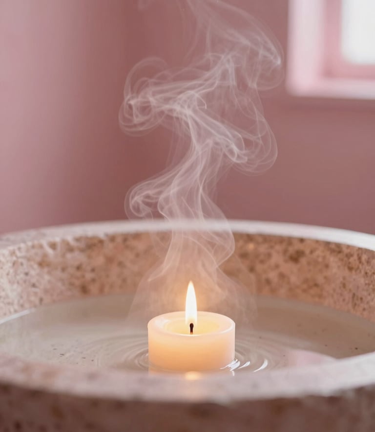 Macro editorial photography of steam rising softly from a warm stone basin in a candlelit room, dusty pink undertones, shallow depth of field