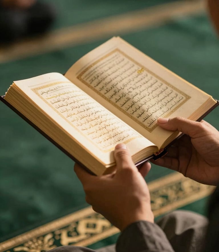 Close-up of hands holding an open Al-Quran during a serene tutoring session, soft golden light reflecting on the pages, warm editorial photography style.