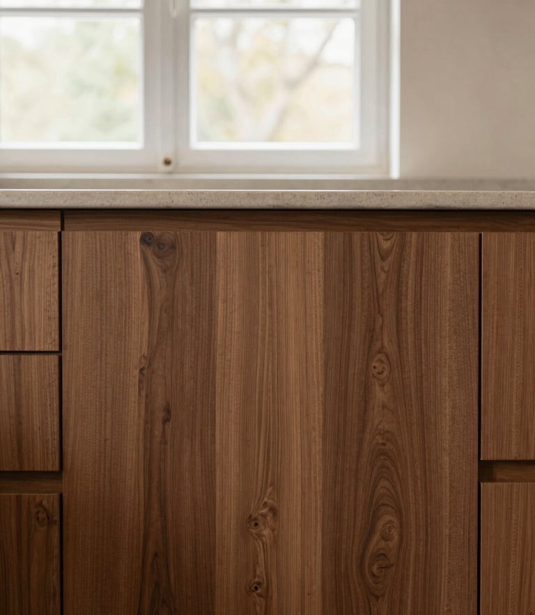 Straight-on architectural shot of a minimalist wooden kitchen cabinet, rich walnut tones, soft natural window light, 35mm