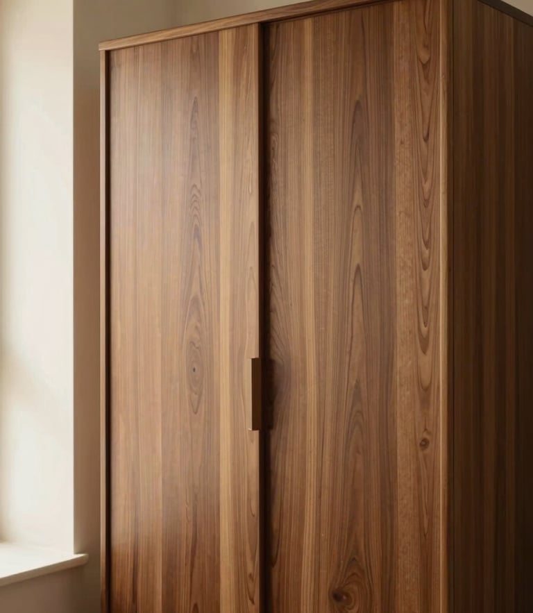 Straight-on architectural shot of a custom walnut wardrobe with clean lines, soft warm window light, rich wood tones, 35mm