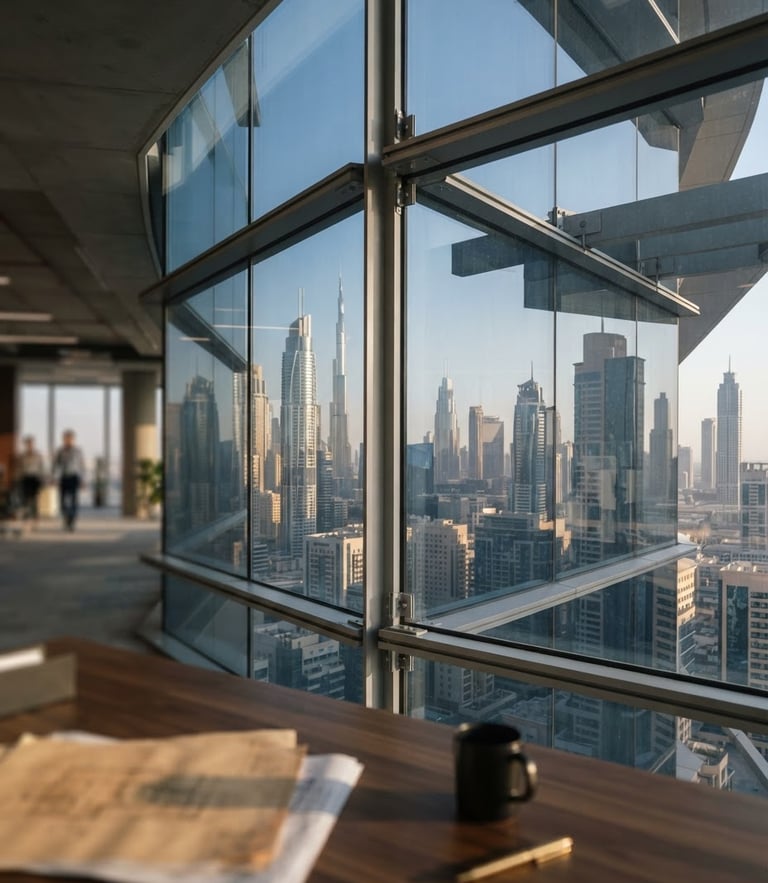 Architectural detail of modern Dubai financial district skyscraper, soft morning window light, deep navy shadows, 35mm editorial corporate photography