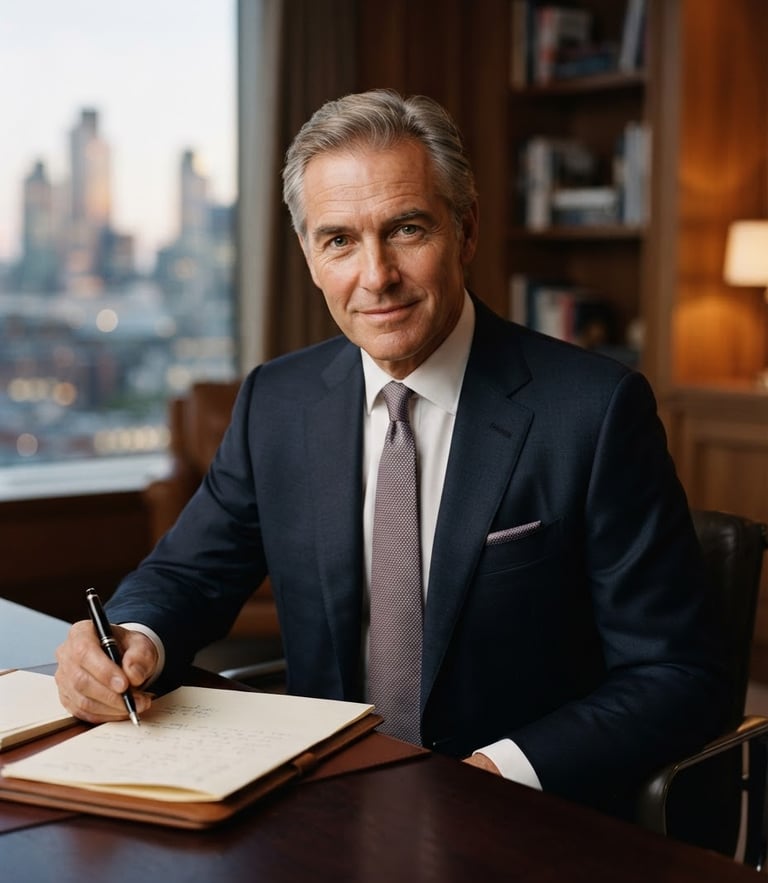 An editorial medium-close portrait of a male executive in a structured, professional setting, soft directional window light, deep navy and warm paper tones, shallow depth of field, 35mm.