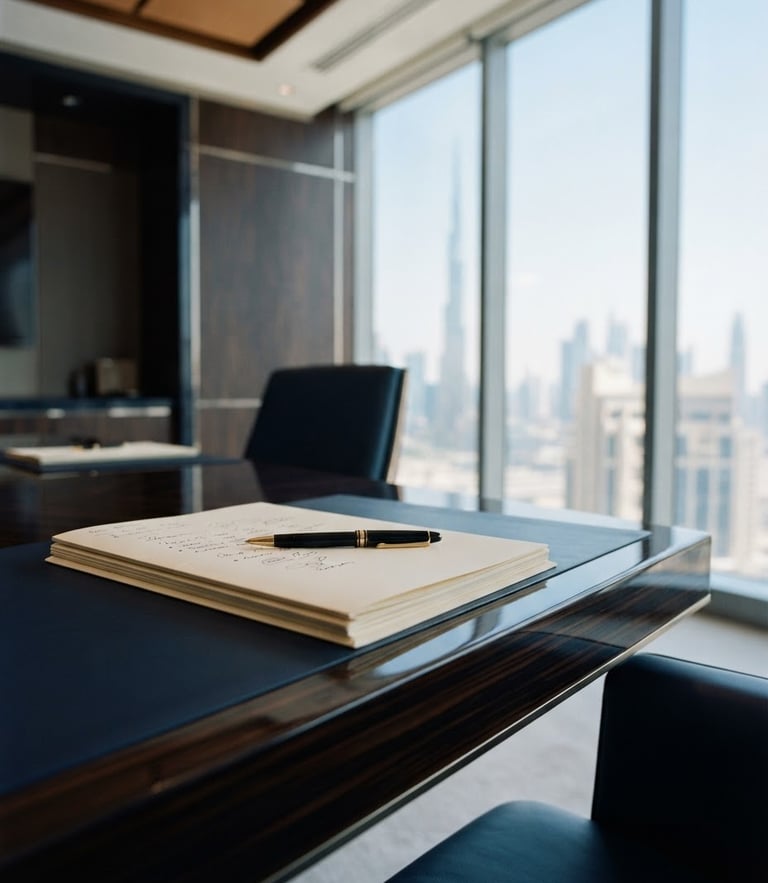An architectural close-up of a modern corporate boardroom in Dubai, soft natural window light, deep navy tones, shallow depth of field, 35mm