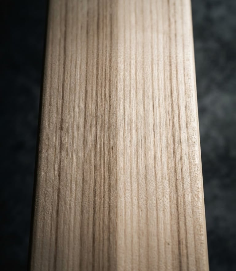 Close-up of a premium cricket bat face showing tight, straight grain lines on a dark concrete studio background with dramatic side lighting.