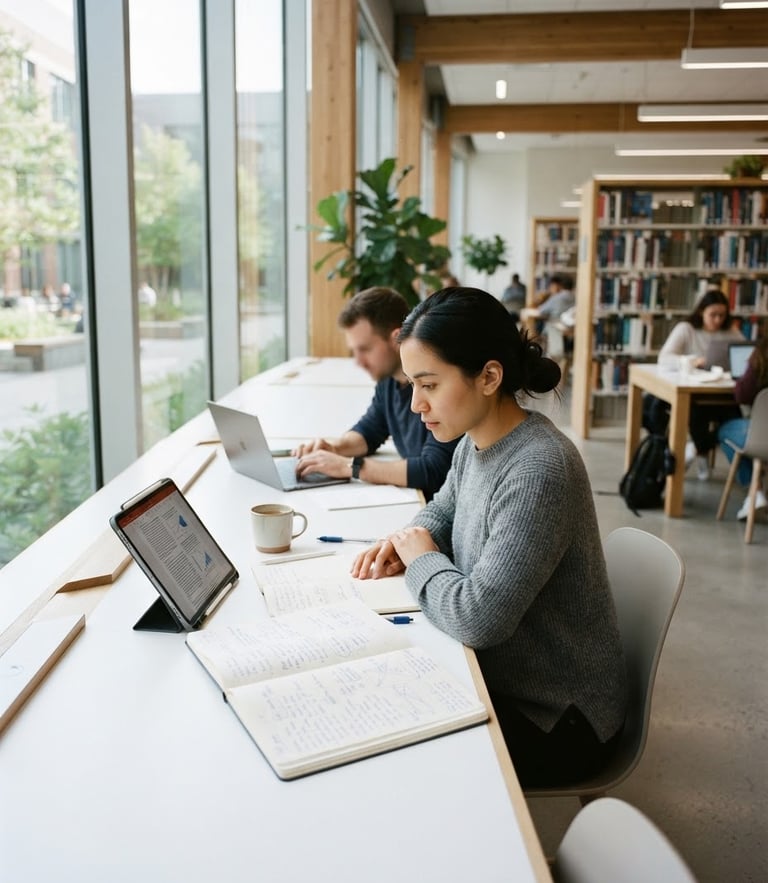 Bright natural daylight illuminating a modern academic research room, clean white desks with open journals and tablets, soft focus on typography, 35mm