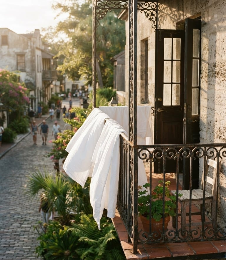 Warm editorial photography of a historic St. Augustine balcony with sun-drenched white linens draped over a railing, golden-hour morning light, soft shadows, 35mm