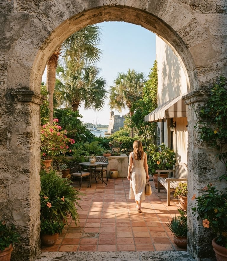 Warm editorial portrait of a historic St. Augustine stone archway leading to a sun-drenched coastal patio, soft morning light, shadows of palm leaves, 35mm photography