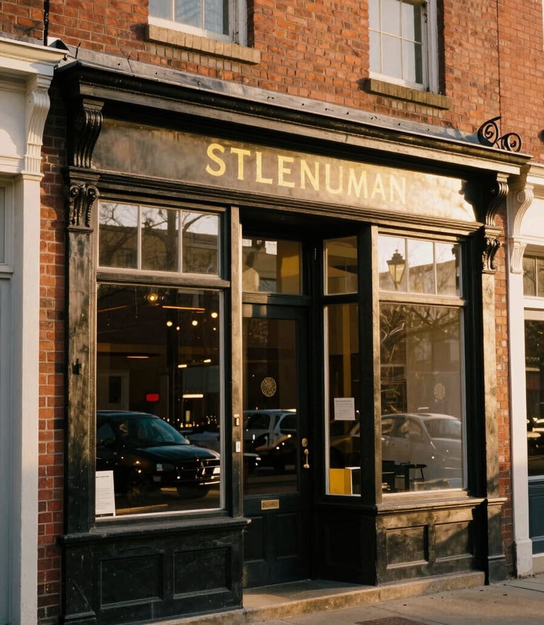 A warm editorial photograph of a historic brick storefront on Sterling main street, golden-hour natural light reflecting off clean glass windows, 35mm.