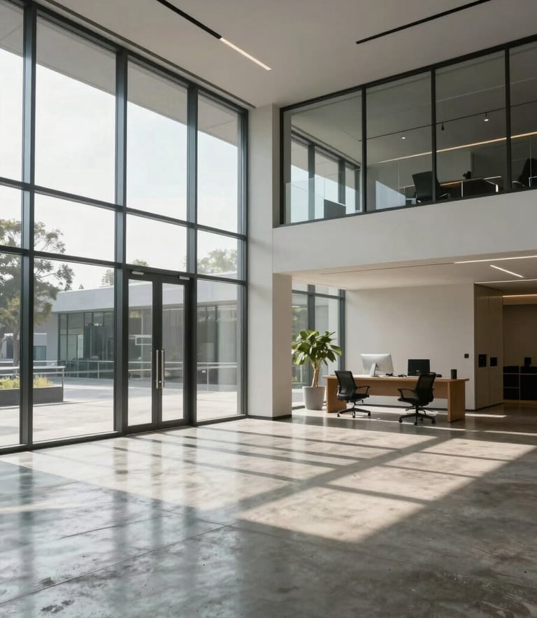 A clean, architectural interior shot of a minimalist office lobby with polished concrete floors and streak-free glass walls, natural morning light filtering in.