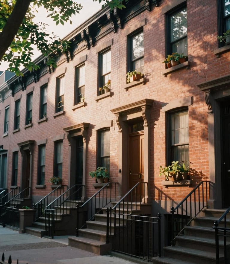 A quiet, warm-toned photograph of brick community brownstones in New York, soft golden hour sunlight filtering through green trees.