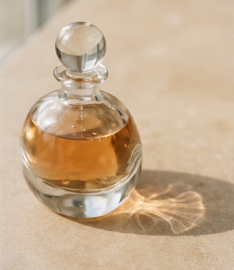 Macro close-up of a luxury glass perfume bottle casting a delicate caustic shadow on a warm beige surface, soft natural light, 35mm