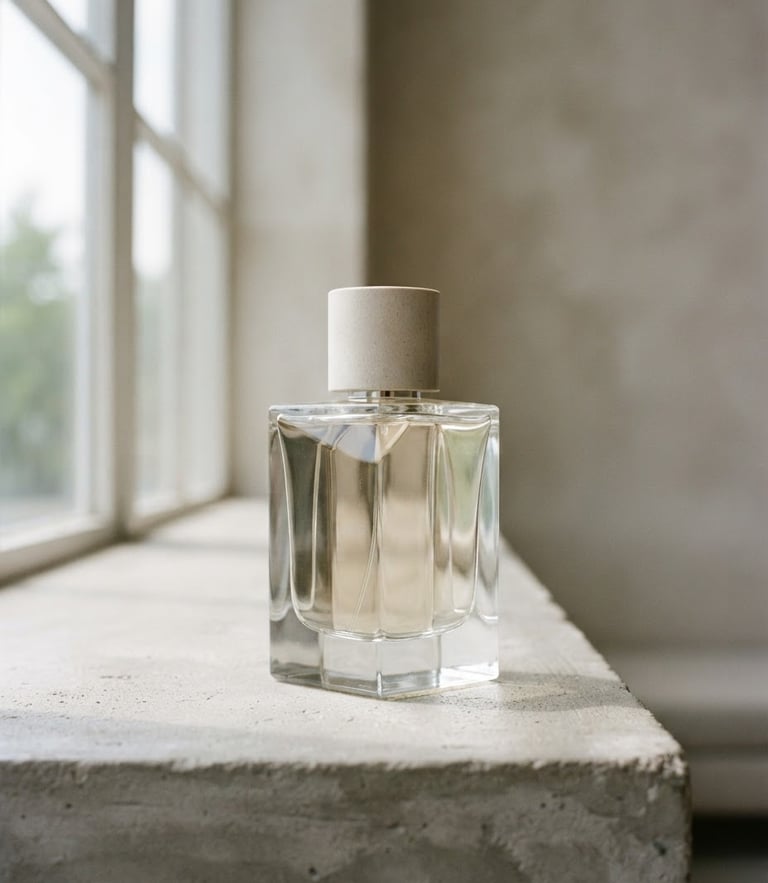 Minimalist editorial photography of a sharp architectural perfume bottle catching natural window light, soft shadows, neutral background, 35mm