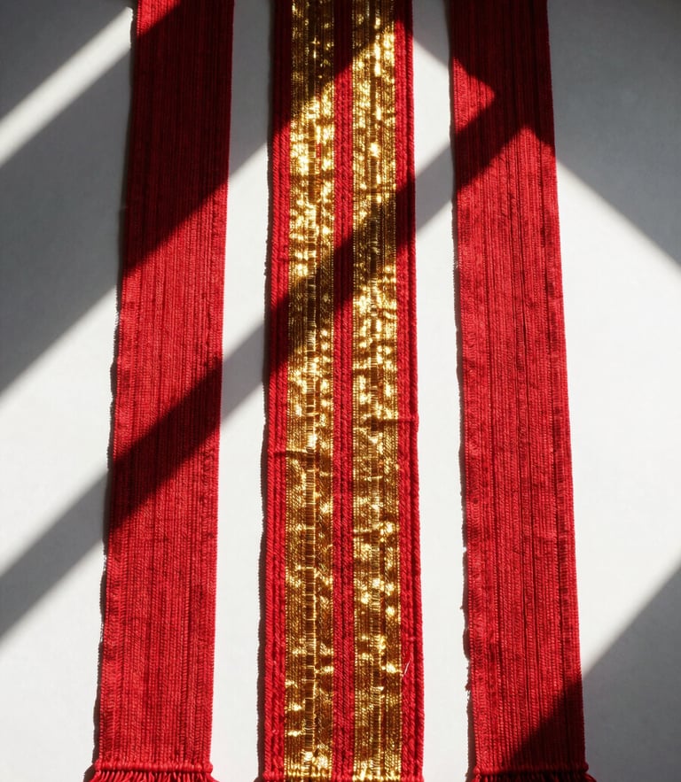 Straight-on studio flat-lay of vibrant diasporic craft materials, crimson and gold threads, natural sunlight, dramatic shadows, 35mm.