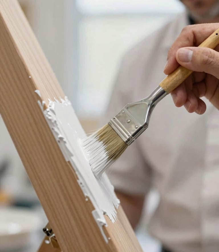 Macro close-up of a professional painter in a clean uniform using a precision brush to apply white paint along a perfectly taped timber trim, bright natural Perth daylight.