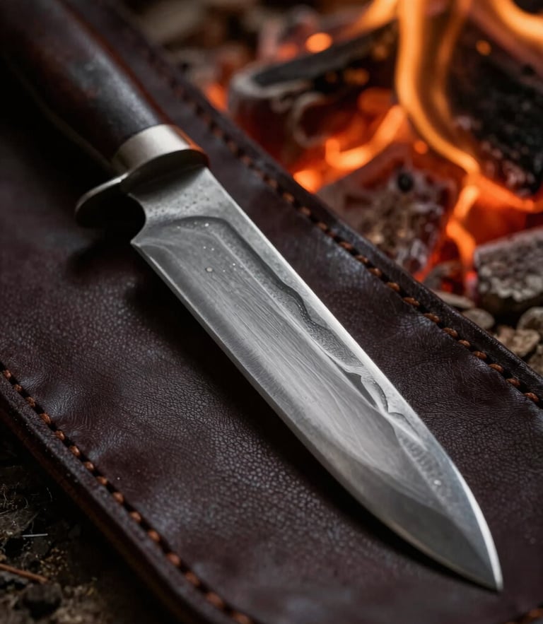 Dramatic low-key close-up of a hand-forged knife blade with visible hammer marks resting on dark vegetable-tanned leather, warm side-lighting from embers, rich amber and charcoal tones