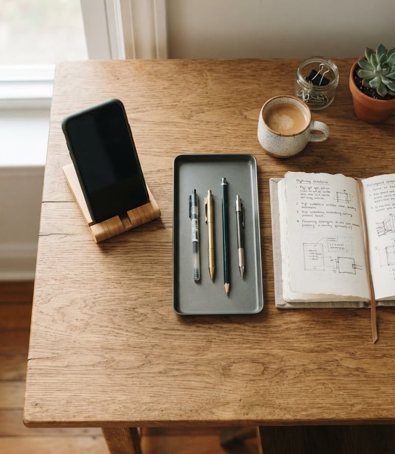 Overhead flat-lay of a perfectly organized wooden desk, a bamboo phone stand and matte metal tray holding pens, soft natural window light, muted earthy tones.