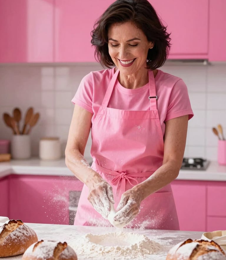 A dynamic shot of a woman in her early 60s with stylish dark hair, wearing a vibrant pink apron, happily dusting flour over freshly baked loaves in a bright kitchen.