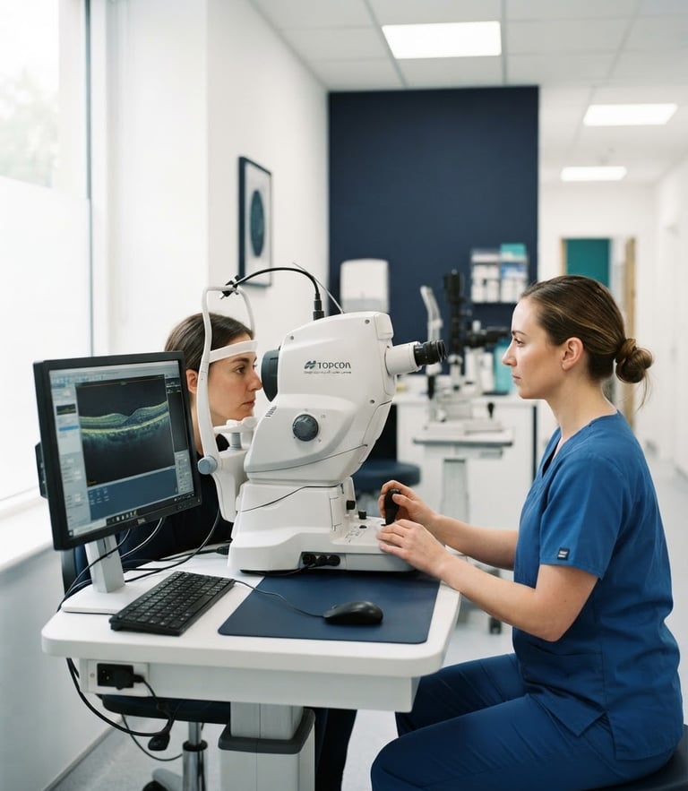 Bright clinical photography of modern ophthalmic diagnostic equipment in a clean, hygienic clinic interior, soft natural daylight, navy accents, sharp focus, 35mm