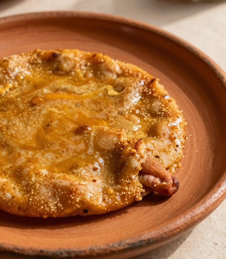 Tight macro shot of a traditional Cochabambino silpancho on a textured rustic clay plate, warm natural afternoon sunlight casting soft shadows, rich terracotta tones, shallow depth of field
