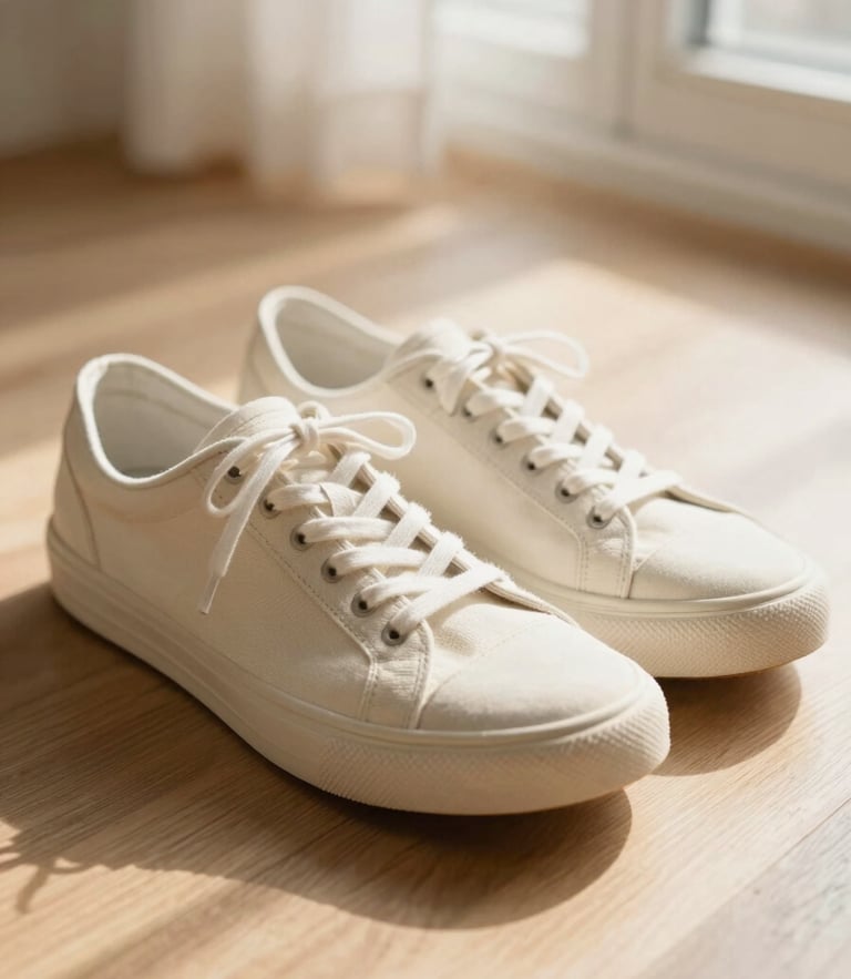 Low-angle close-up of lightweight canvas sneakers resting on a warm, sunlit wooden floor with soft morning shadows.