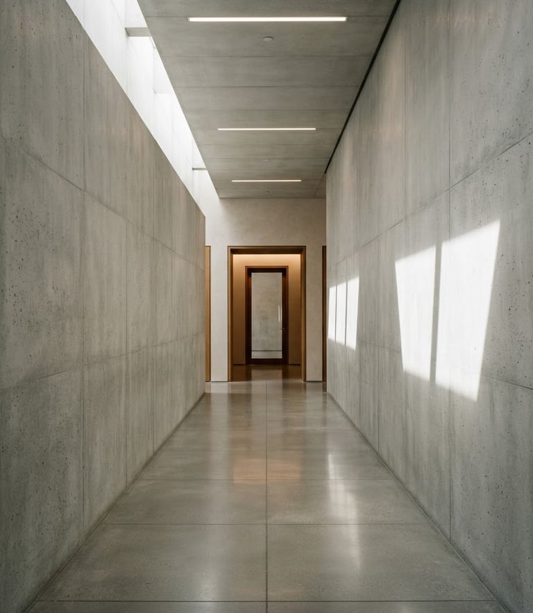 Strict one-point perspective of a minimalist concrete corridor, natural daylight casting sharp geometric shadows on raw plaster walls, high-end architectural photography style.
