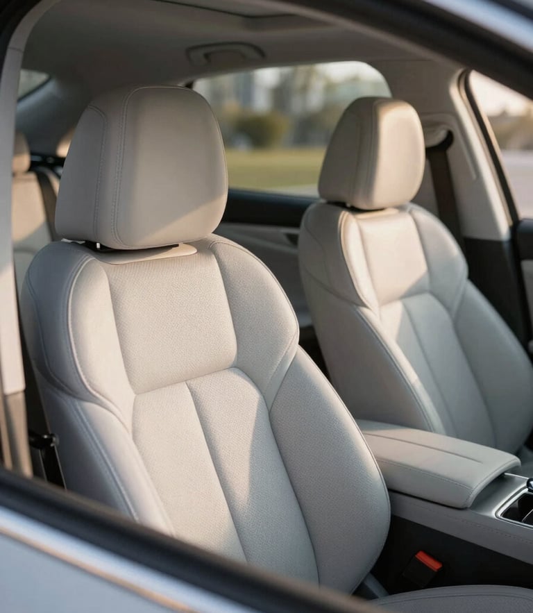 Spotless modern car interior, close-up of clean leather passenger seats, warm morning light, professional driver visible in rearview mirror, premium feel.