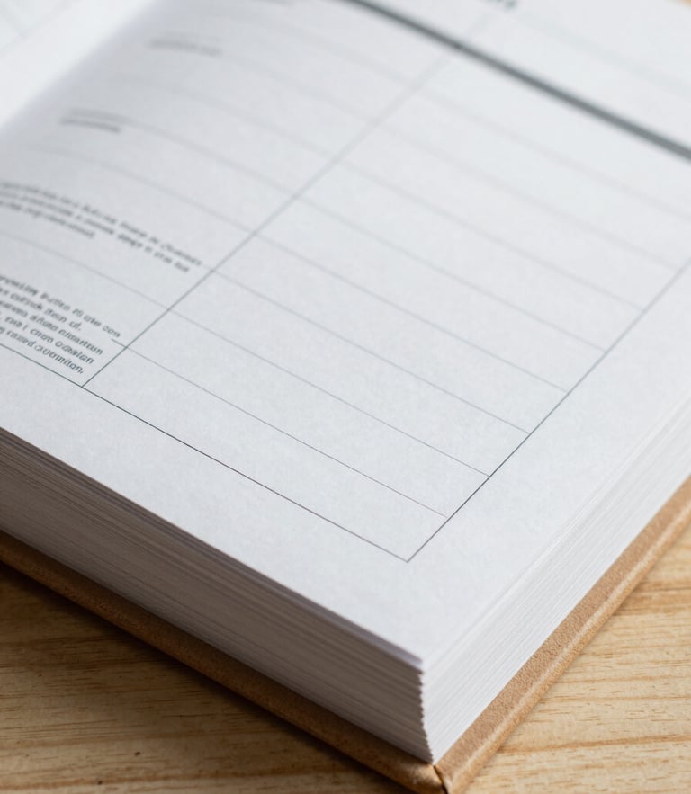 Close-up of a printed brand guidelines book, thick open-stitch binding, raw oak cover, showcasing structured grid layouts