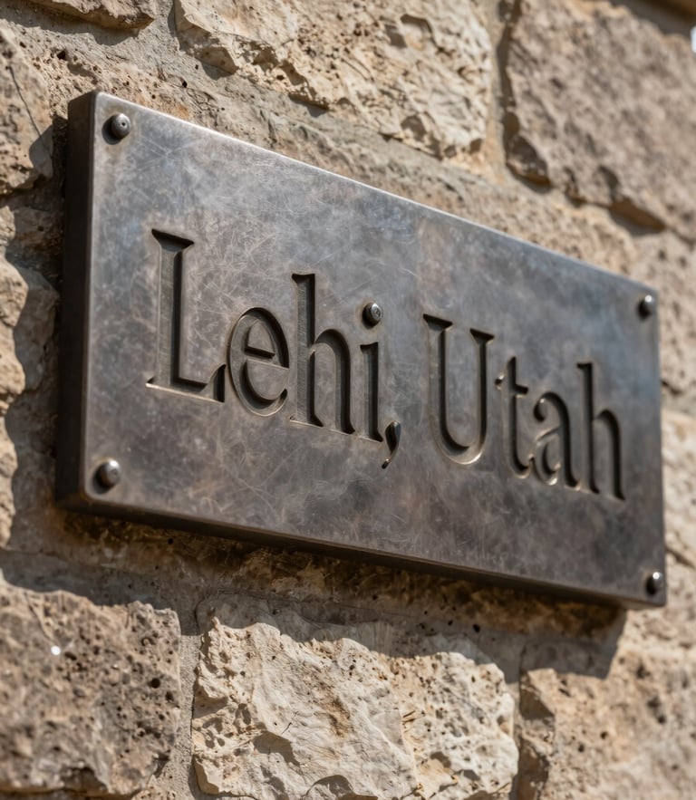 Macro photograph of a heavy steel sign with deep engraved brand identity, casting a sharp shadow on a textured stone wall in Lehi, Utah