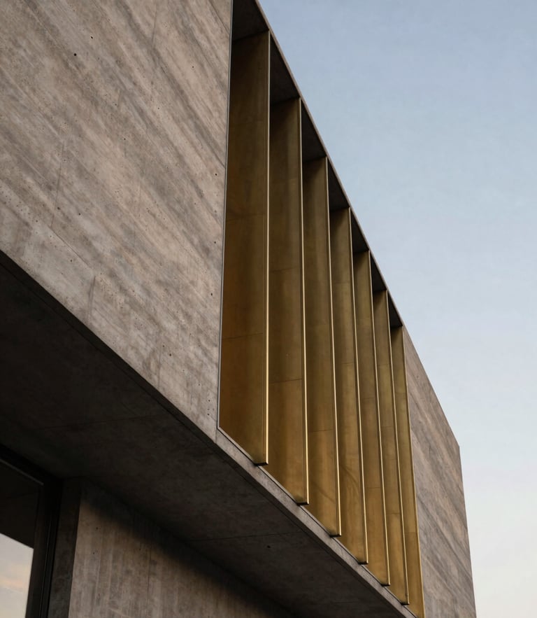 Low-angle architectural shot of a modern concrete and brass facade, dramatic twilight lighting emphasizing physical textures and structural solidity, negative space on the right.
