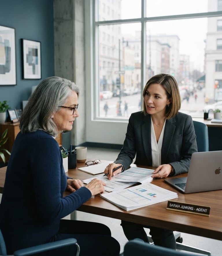 A professional female insurance agent in a bright Vine Street office setting, reviewing policy documents with a client, soft overcast daylight, cool blue and slate tones, sharp focus, 35mm