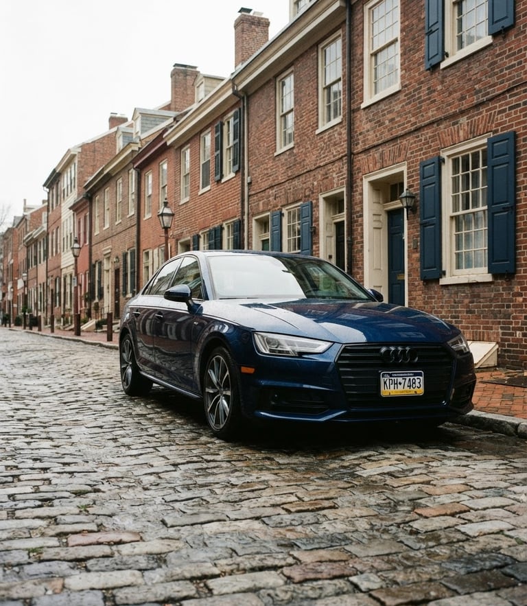 A clean modern sedan parked on a historic Philadelphia cobblestone street near Vine Street under bright overcast daylight, sharp focus, 35mm