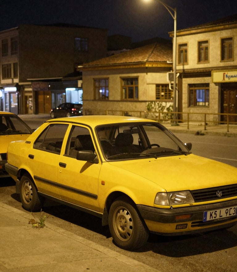 A clean yellow taxi cab parked under warm streetlights at night in Elazığ, authentic street photography, 35mm lens, realistic warm atmosphere