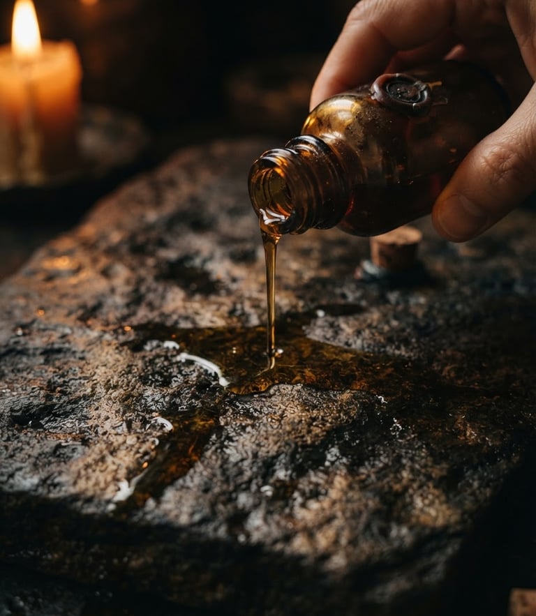 Close-up of warm botanical oils pouring slowly over dark textured stone, soft candle-lit shadows, moody warm golden-hour light