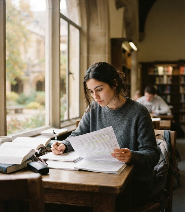 Candid medium shot of a student in deep concentration, reviewing academic papers near a large library window, warm editorial photography, natural window light, soft muted tones, 35mm film style