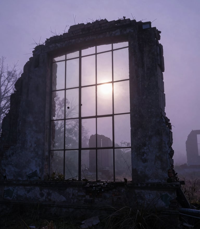 Extremely wide environmental shot of misty ruins at twilight, soft backlighting, low contrast, unearthly purple light refracting through glass