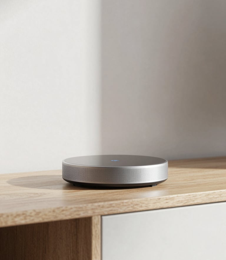 Straight-on eye-level shot of a minimalist living room corner with a smart hub on a wooden shelf, bright indirect daylight, cool neutral tones, 50mm lens