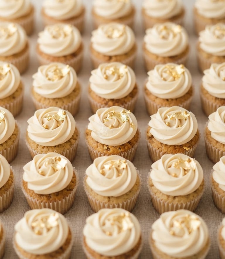 Editorial macro shot of perfectly aligned branded corporate cupcakes with hand-piped silky Swiss meringue buttercream, gold leaf accents, soft natural side-lighting, 35mm